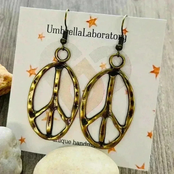 umbrellalaboratory Jewelry - Peace sign hippie earrings hippy accessories bronze tone bohemian retro jewelry